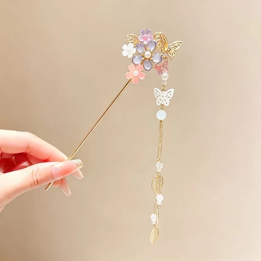Epingle à cheveux - fleurs, papillon et pampille dorée