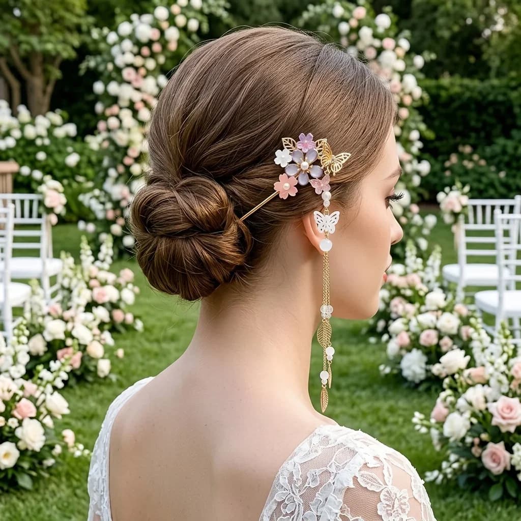 Epingle à cheveux - fleurs, papillon et pampille dorée