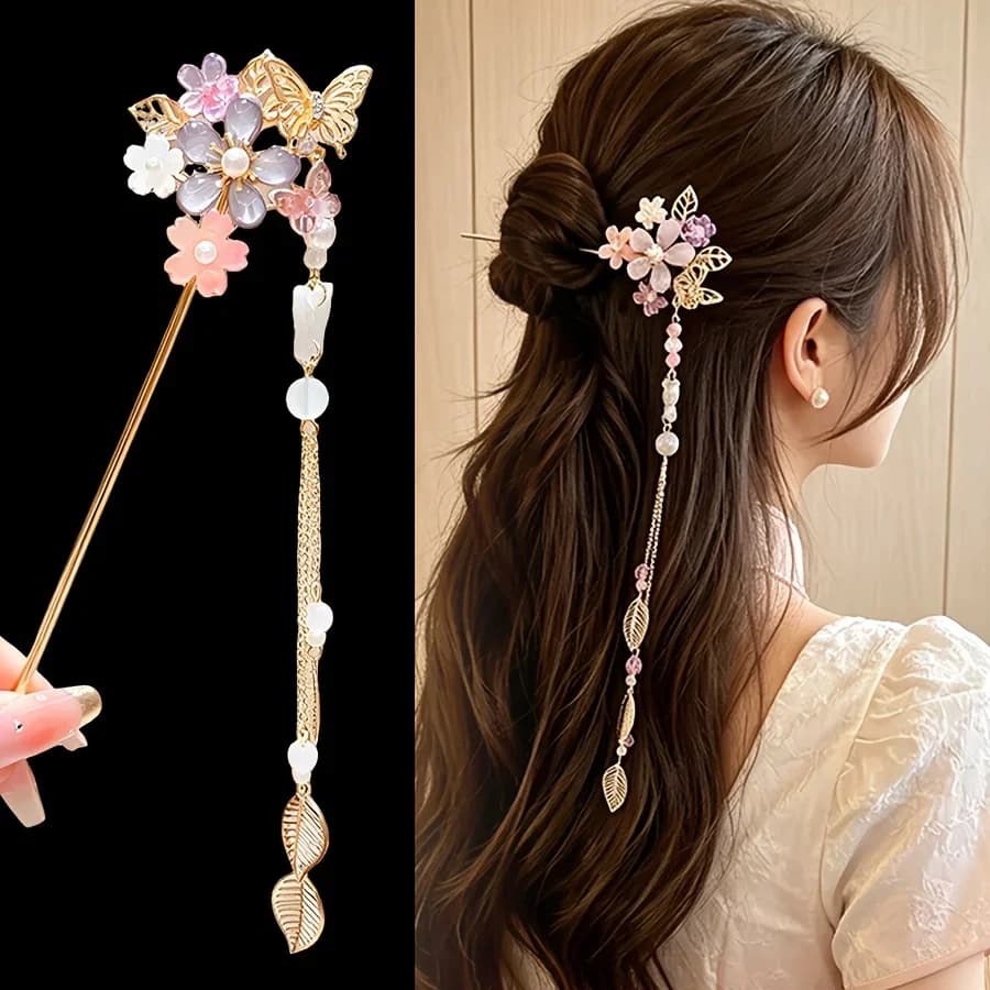 Epingle à cheveux - fleurs, papillon et pampille dorée