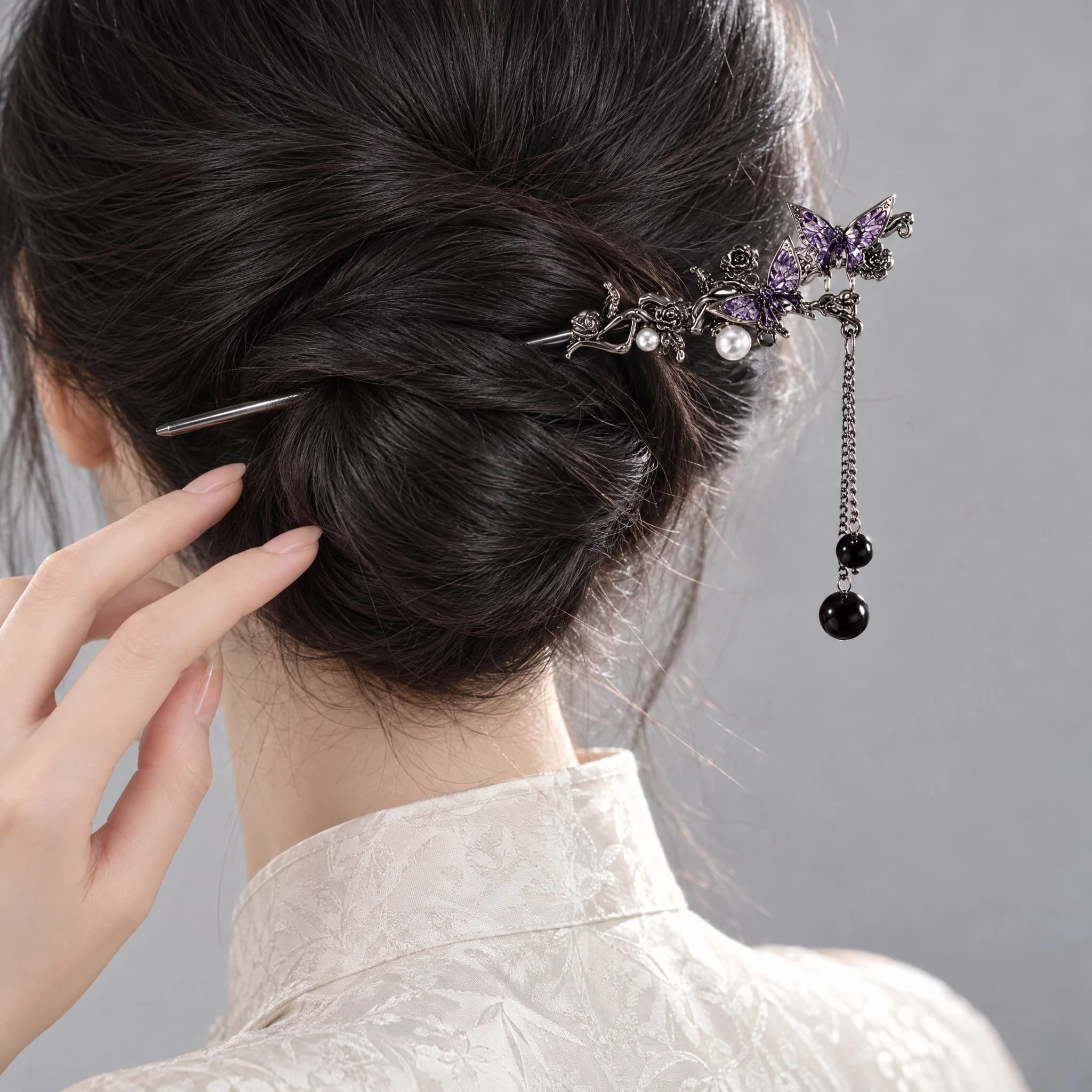 Epingle à cheveux – papillons violets et perles