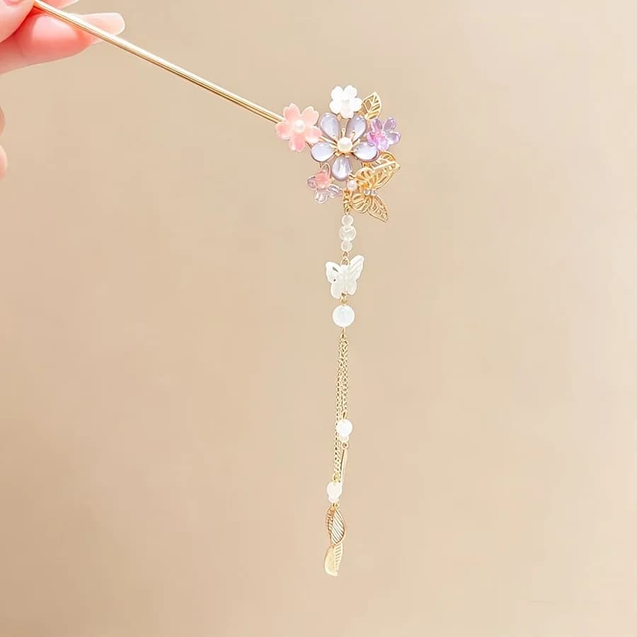 Epingle à cheveux - fleurs, papillon et pampille dorée